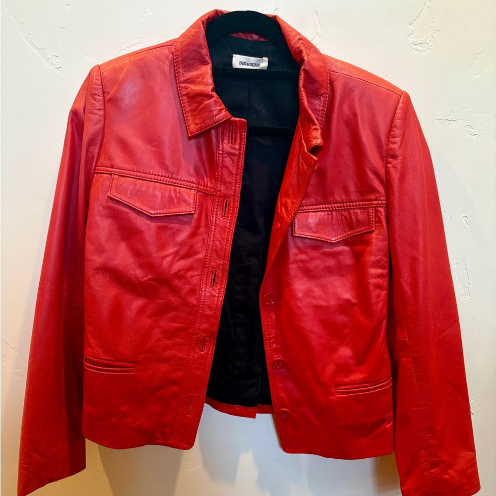 Zadig & Voltaire Liam Cuir Red Leather Jacket - Picture 2 of 15